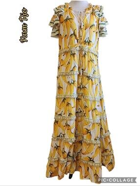 FARM Rio yellow tropical banana-print tiered maxi dress with ruffle layers